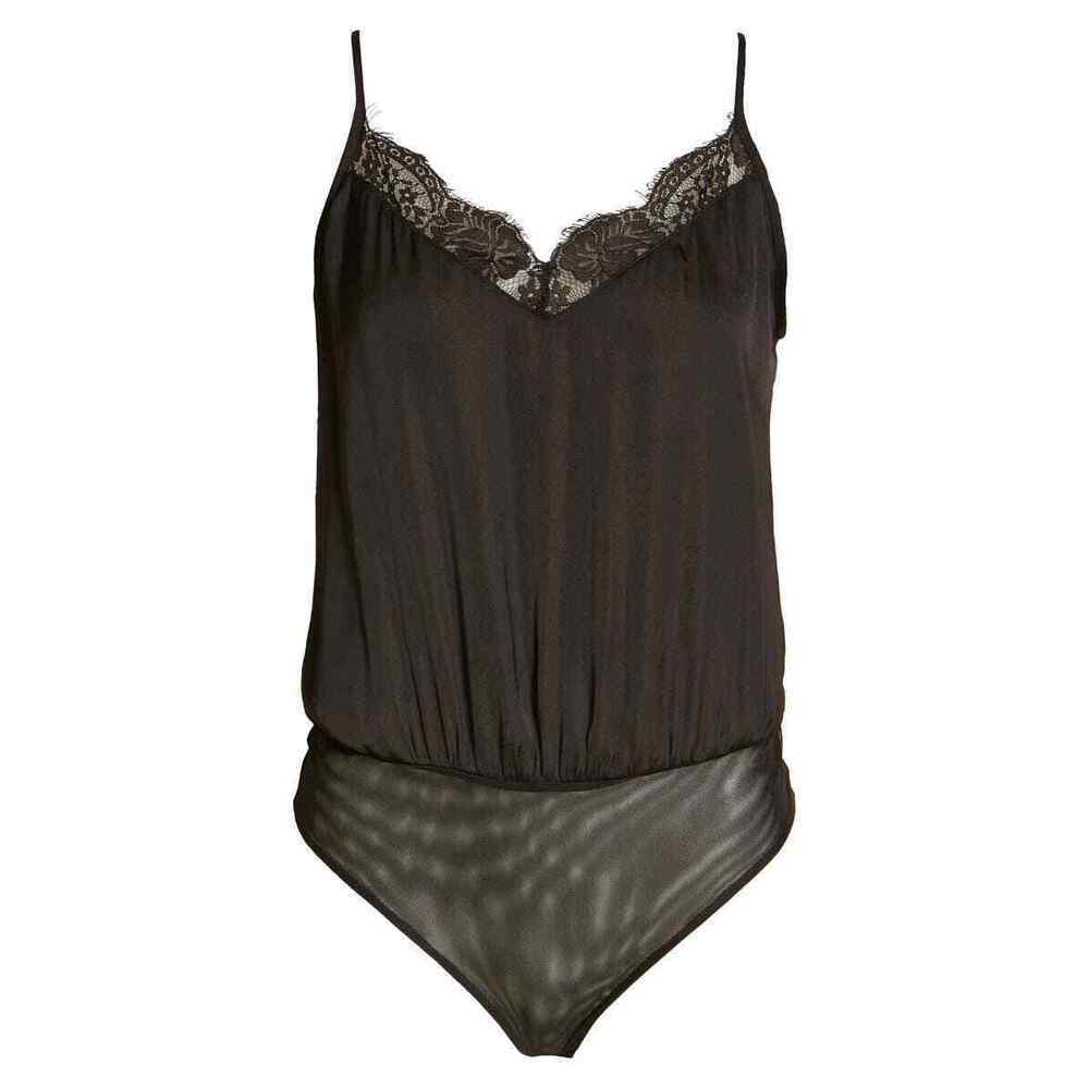 SOCIALITE Women's Lace Trim Satin Bodysuit Black Size S